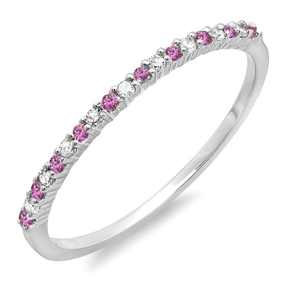10K White Gold Round Pink Sapphire & White Diamond Ladies Anniversary Wedding Band Stackable Ring