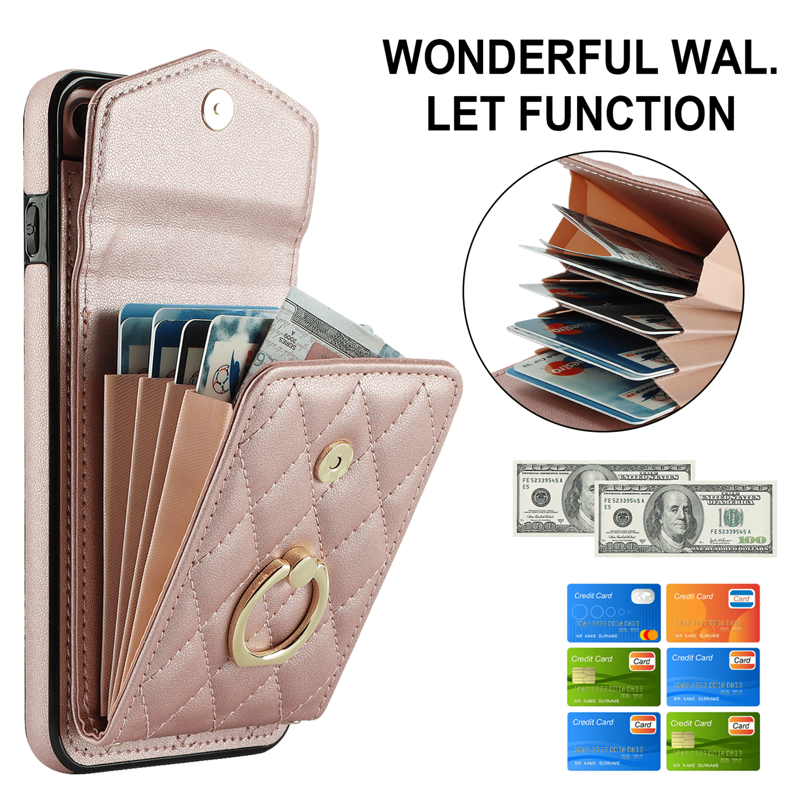 Asuwish Wallet RFID Blocking PU Leather Cell Phone Case with Tempered Glass Screen Protector, Wrist Strap for iPhone 7 Plus/8 Plus, Rose Gold