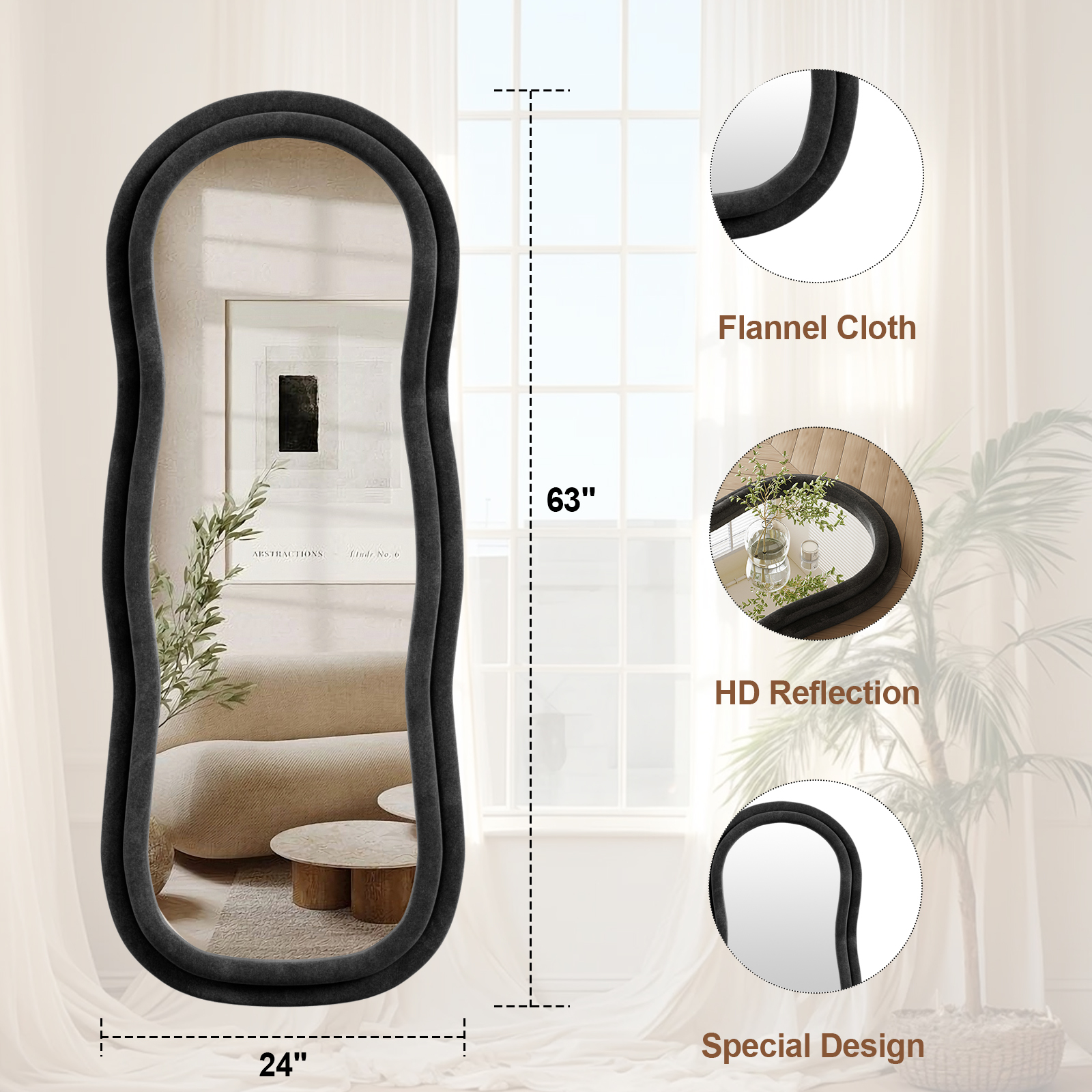 Gleamira 63"x24" Full Length Mirror Wavy Frame Arched Floor Mirror Flannel Wrapped Wooden Frame Hanging Leaning Mirror, Black