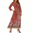 thumbnail image 5 of WTOBBY Women's Vintage Floral Print V-Neck 3/4 Sleeve A-Line Beach Dress, Waisted Midi Sundress with Casual Flowy Skirt for Vacation,Wine L, 5 of 5