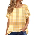 thumbnail image 5 of Women's Gingham Print Tops Crew Neck Short Sleeve Linen T-Shirt Breathable Summer Top for Going Out Vacation Orange 3XL, 5 of 6