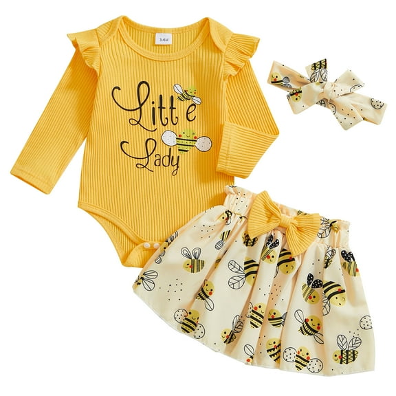Okbabeha Newborn Baby Girl Outfits Long Sleeve Bee Print Romper Bodysuit With Skirt Bows Infant Clothes