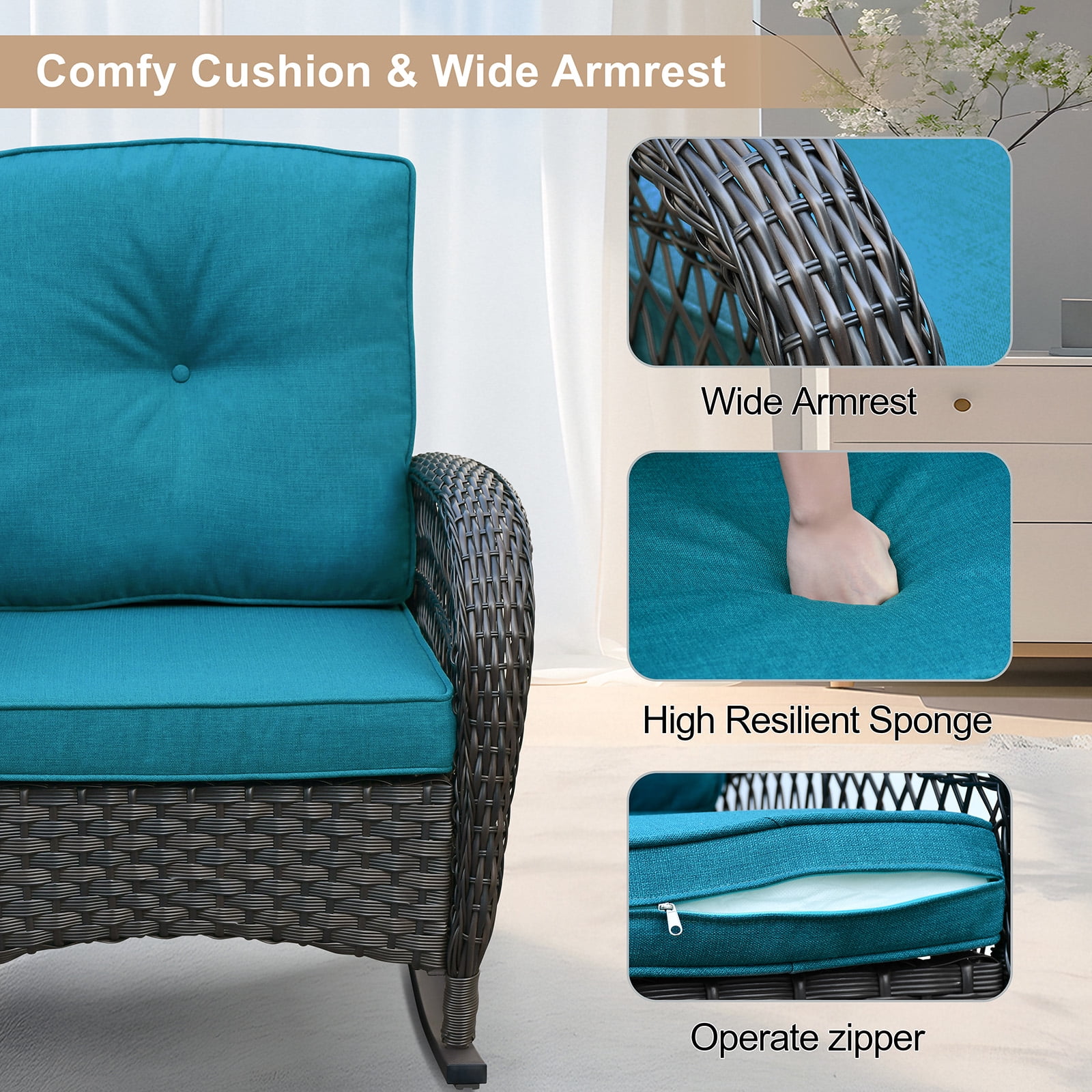 ATR ART to REAL Patio Wicker Rocking Furniture Sets,Rattan Rocker Chair Sets with Side Table for Porch, Peacock Blue