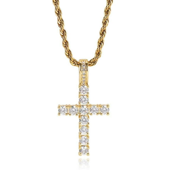 Iced Out CZ Cross Pendant Necklaces for Women Men Punk Hiphop Rope 14K Yellow Gold Chain on Neck Rapper Jewelry