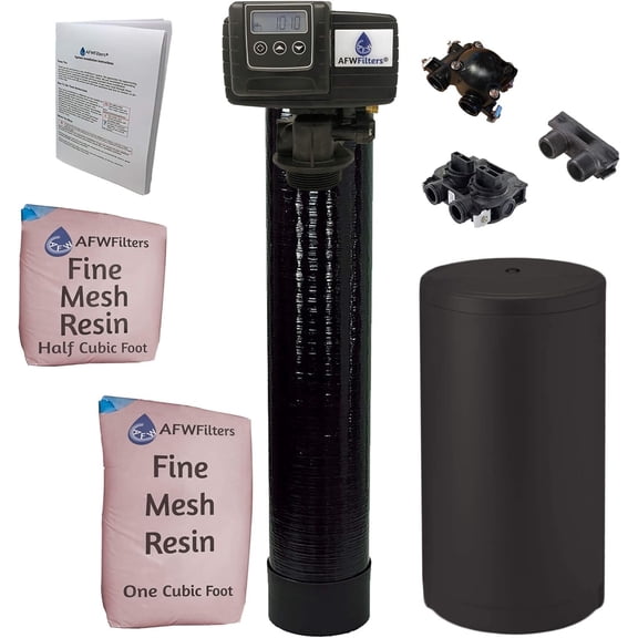 Fleck Whole House Water Softener System 5600sxt Digital Meter Grain-Includes Valve & brine Tank with Safety Float 48k 1 Inch Bypass, Black Fine Mesh Resin
