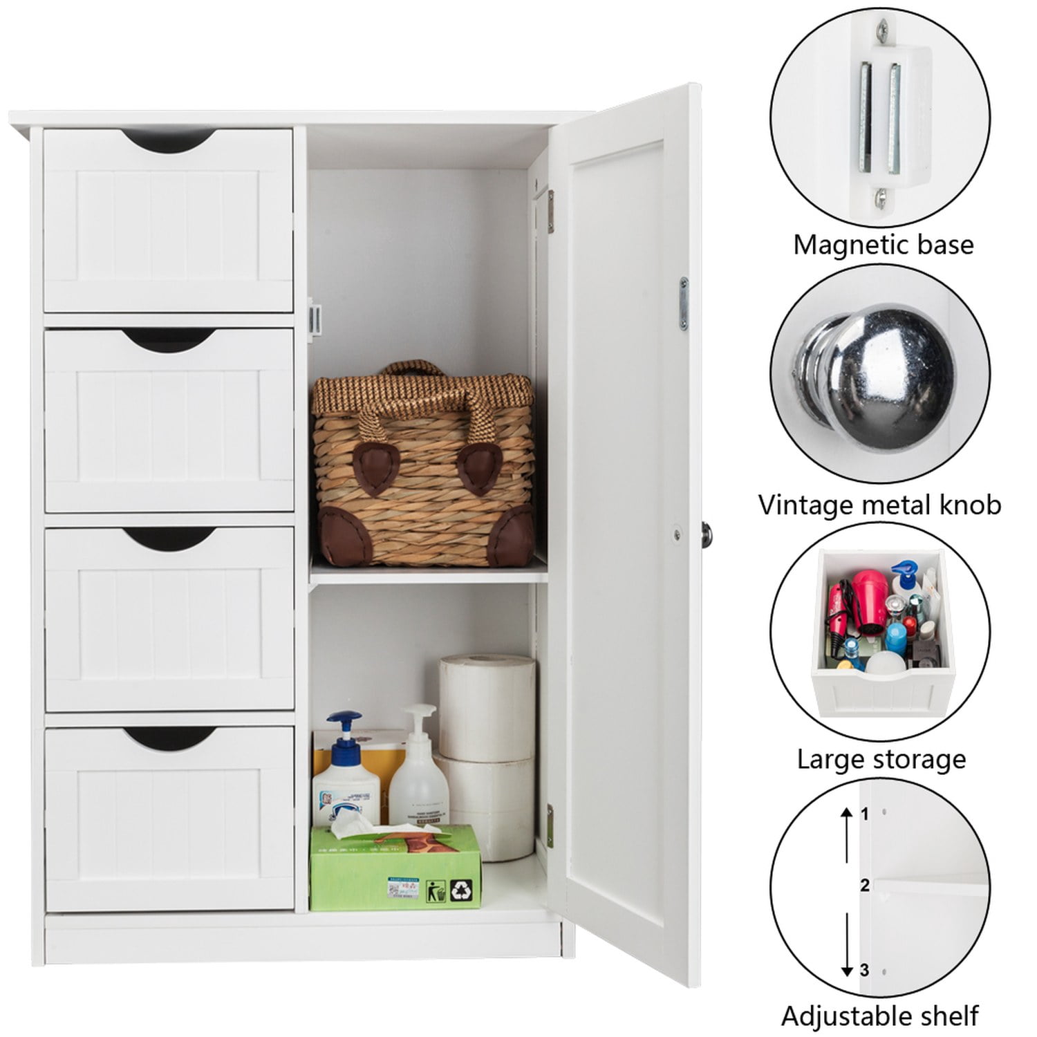 Bathroom Storage Cabinet with 4 Drawers and Single Door, MDF Freestanding Floor Cabinet, Space-Saving Organizer for Bathroom or Any Room