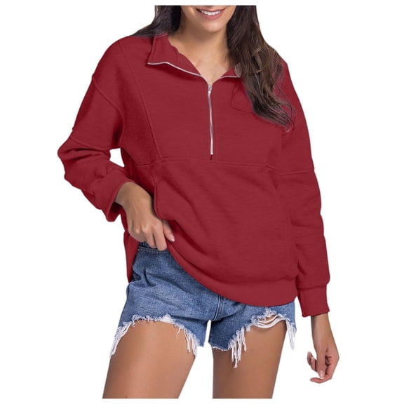 Women's Casual Half Zip Hoodie Stand Collar Loose Fit Solid Color Pullover Sweatshirt Comfortable Warm Winter Top