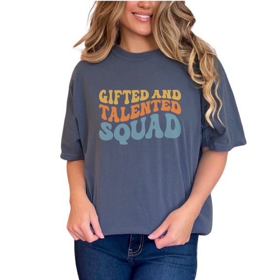 Gifted and Talented Squad, Talents & Gifts Themed, Groovy Retro Wavy Text, Denim Comfort Colors T-Shirt, Small