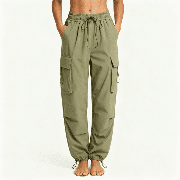 Tdoqot Womens Cargo Pants with Pocekts- Elastic Waist Straight Leg Lightweight Drawstring Hiking Pants Army Green Size 3XL