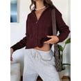 thumbnail image 3 of Women Trendy Collared Long Sleeve Zipper Front Cable Knit Cardigan Sweater Fall Oversized Coat Wine Red XL, 3 of 5