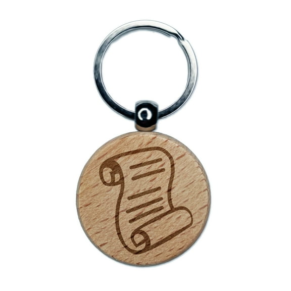 Unrolled Scroll of Parchment and Text Round Keychain Charm Tag - Engraved Wood