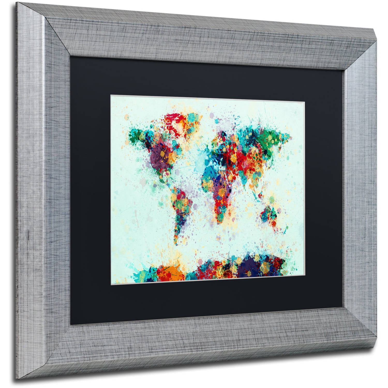 Trademark Fine Art "World Map Paint Splashes" Canvas Art by Michael Tompsett, Black Matte, Silver Frame