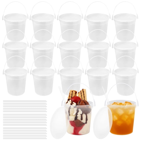 15 PCS Plastic Rum Buckets for Drinks, 32 oz Reusable Cocktail Buckets with Lids and Straws, 950 ml Large Smoothie Ice Cream Pails for Halloween, Football Parties, Beer Bar Use