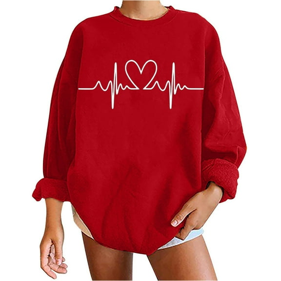 ShomPort Women's Fall Winter Casual Basic Sweatshirt Long Sleeve Heart Pattern Pullover Tops