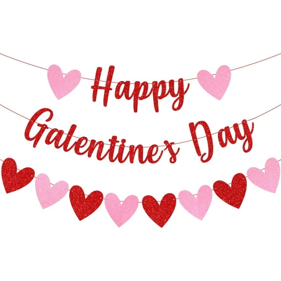 Happy Galentine's Day Banner and Hearts Banner Red Pink Glittery Galentine's Day Banner Garland Galentine's Day Decor for Valentine's Day Ladies Celebrating Party Decorations Supplies