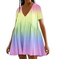 thumbnail image 1 of Pisexur Robes d'Été pour Femmes Robe Midi Dégradée Colorée Élégante Robe Décontractée Fluide Mini Robe Manches Courtes Col en V Profond Robe T-Shirt Mode, 1 of 4