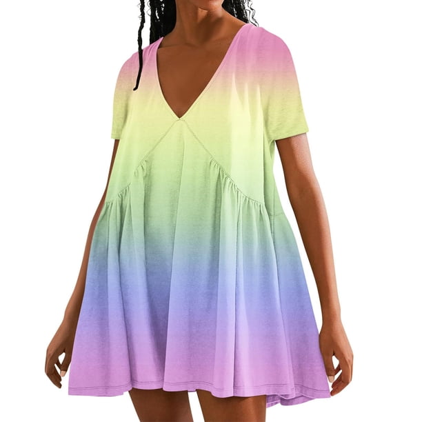 Puntoco Vestido De Manga Corta Con Cuello En V, Vestido De Verano De Manga Corta De Color Sólido Para Mujer Rosa Xxl