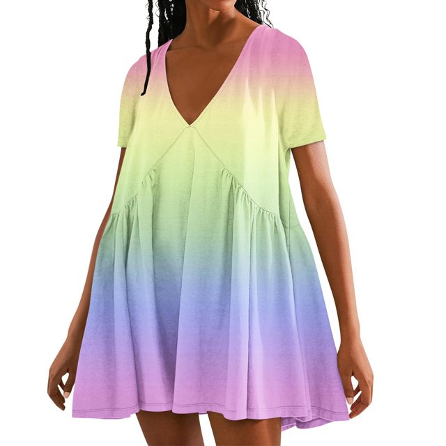 Pisexur Robes d'Été pour Femmes Robe Midi Dégradée Colorée Élégante Robe Décontractée Fluide Mini Robe Manches Courtes Col en V Profond Robe T-Shirt Mode