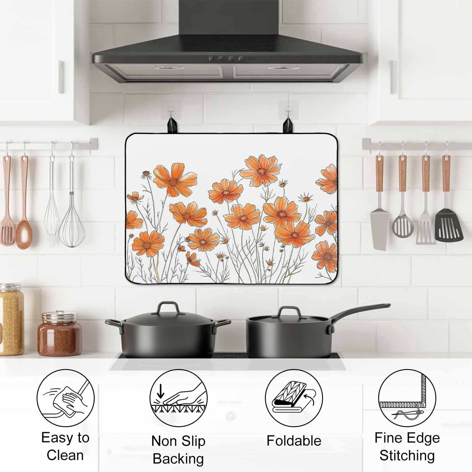 Orange Spring Floral Stove Top Cover for Electric Stove, Heat-proof & Non Slip Glass Top Stove Cover Protector, Summer Botanical Watercolor Daisy Kitchen Flat Cooktop Rubber Mat 28.5x20.5 Inches