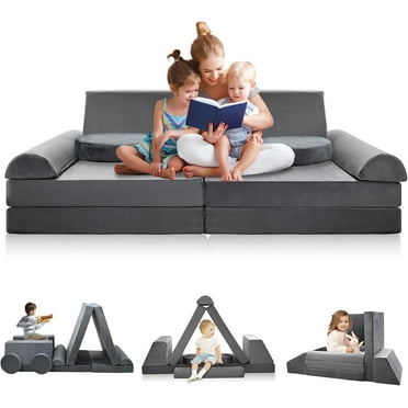 Kids Couch 10PCS Toddler Couch Kids Sofa, Modular Kids Play Couch, Nugget Couch Fold Out Couch Convertible Sofa Multifunctional Foam Play Couch for Playroom Bedroom, Small, Grey