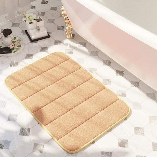 Memory Foam Bath Mat Non Slip Bathroom Rug, Beige Shower Floor Mat Super Absorb Machine Washable, Quick Dry Cozy Velvety Bath Rugs for Bathroom Toilet Bedroom (Beige, 50cm*80cm)