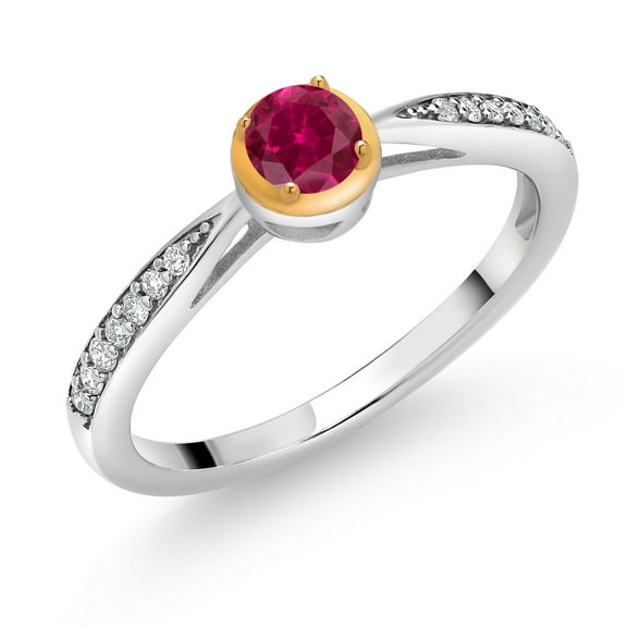 Gem Stone King 0.35 Ct Red Created Ruby G/H Lab Grown Diamond 925 Silver and 10K Yellow Gold Ring (Size 7)
