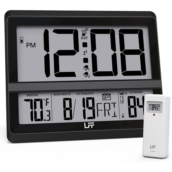 Atomic Clock Large Display, Digital Wall Clock with Indoor Outdoor Temperature and Date, Wireless Outdoor Sensor, Digital Desk Alarm Clock for Bedroom, Easy to Read, Black
