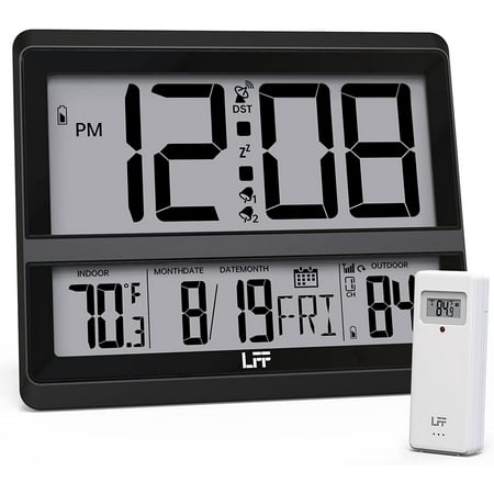 Atomic Clock Large Display, Digital Wall Clock with Indoor Outdoor Temperature and Date, Wireless Outdoor Sensor, Digital Desk Alarm Clock for Bedroom, Easy to Read, Black