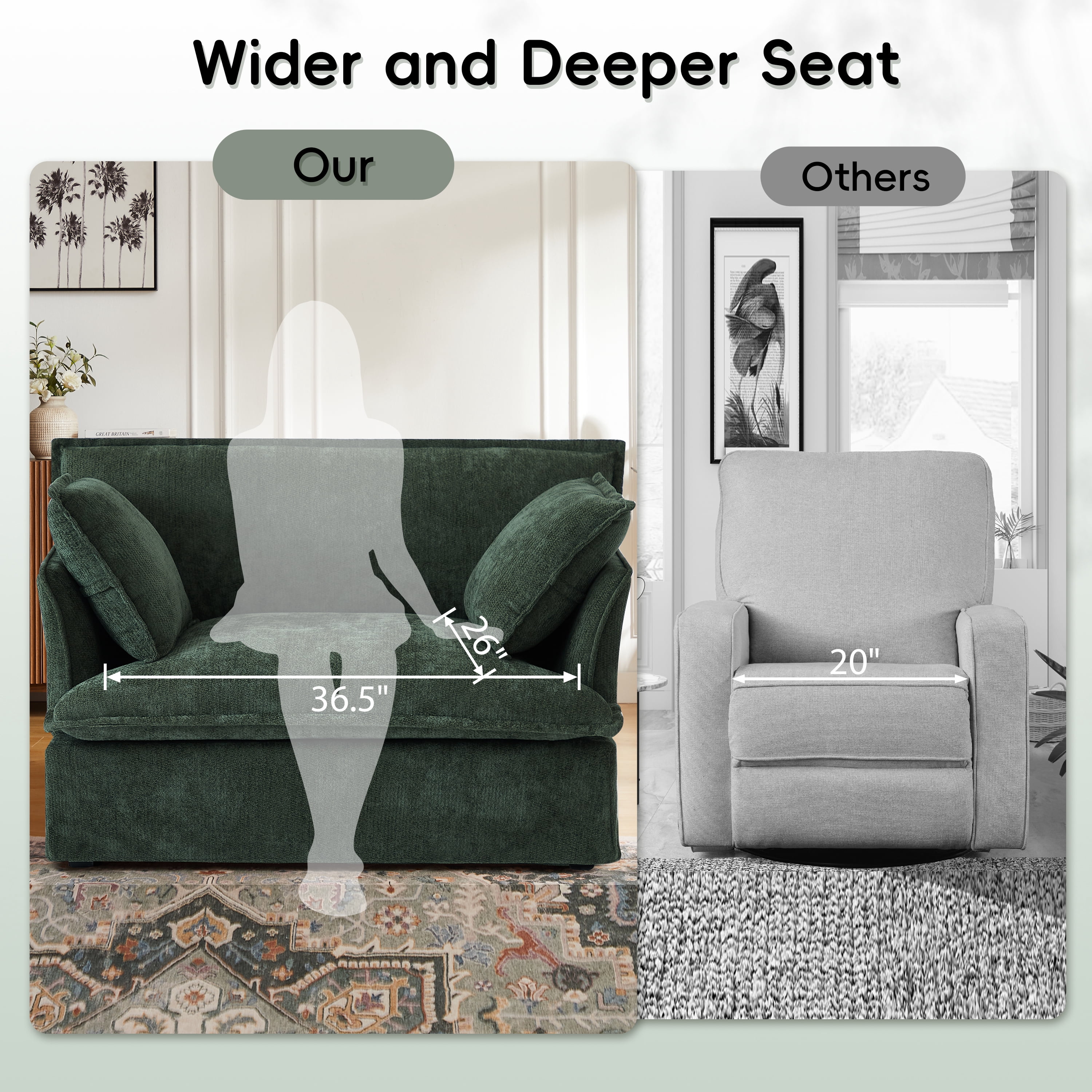Accent Chair, Armchair, Single Sofa, Oversized Chenille Chair with 2 Pillows and Deep Seat for Living Room, Green