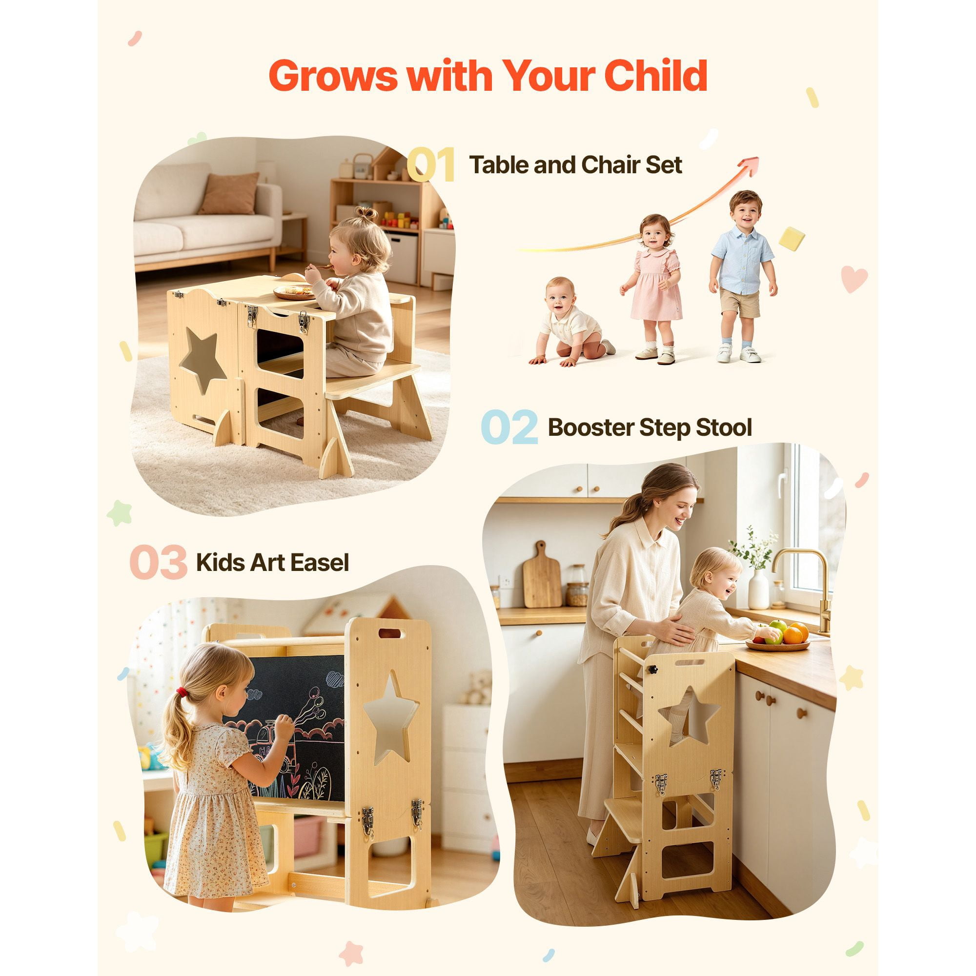 Toddler Tower, Wooden, 4 in 1 Kitchen Step Stool for Kids 1-5, Montessori Weaning Table and Chair Set, Learning Standing Tower with Chalkboard, Easy to Clean, for Bathroom and Kitchen Counter