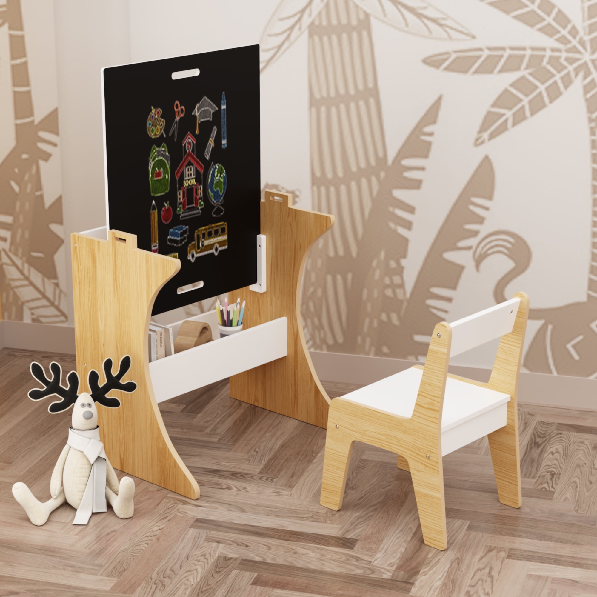 Mintazer Kids Activity Table and Chair Set with Storage Rack, Wooden Study Table with Convertible Tabletop Blackboard for Study, Drawing and Play, White