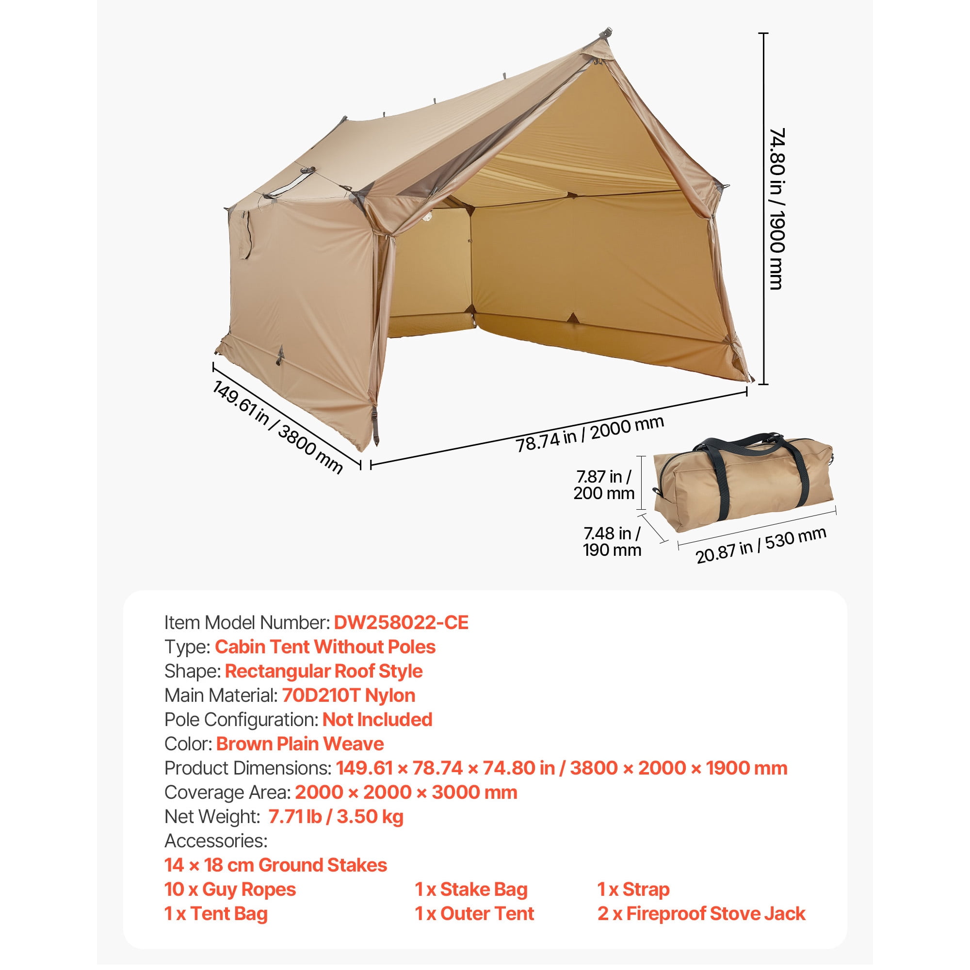 KFFKFF Camping Hot Tent for 2 People, Cabin Tent with Stove Jack, Waterproof Shelter with Vents, Lightweight 4-Season Tent for Outdoor Activities like Hiking, Fishing, Hunting, and Backpacking