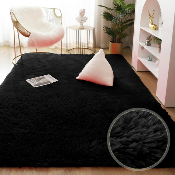 SAYFUT Ultra Soft Modern Shag Area Rugs Fluffy Living Room Carpet Comfy Bedroom Home Decorate Floor, 23.6'' x 47.2'', Black