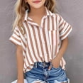 thumbnail image 2 of akafmk Girls Short Sleeve Shirts Cotton Linen Stripe Button Down Shirt Collared Relaxed Summer Casual Beach Shirt, 5-15Y, 2 of 8