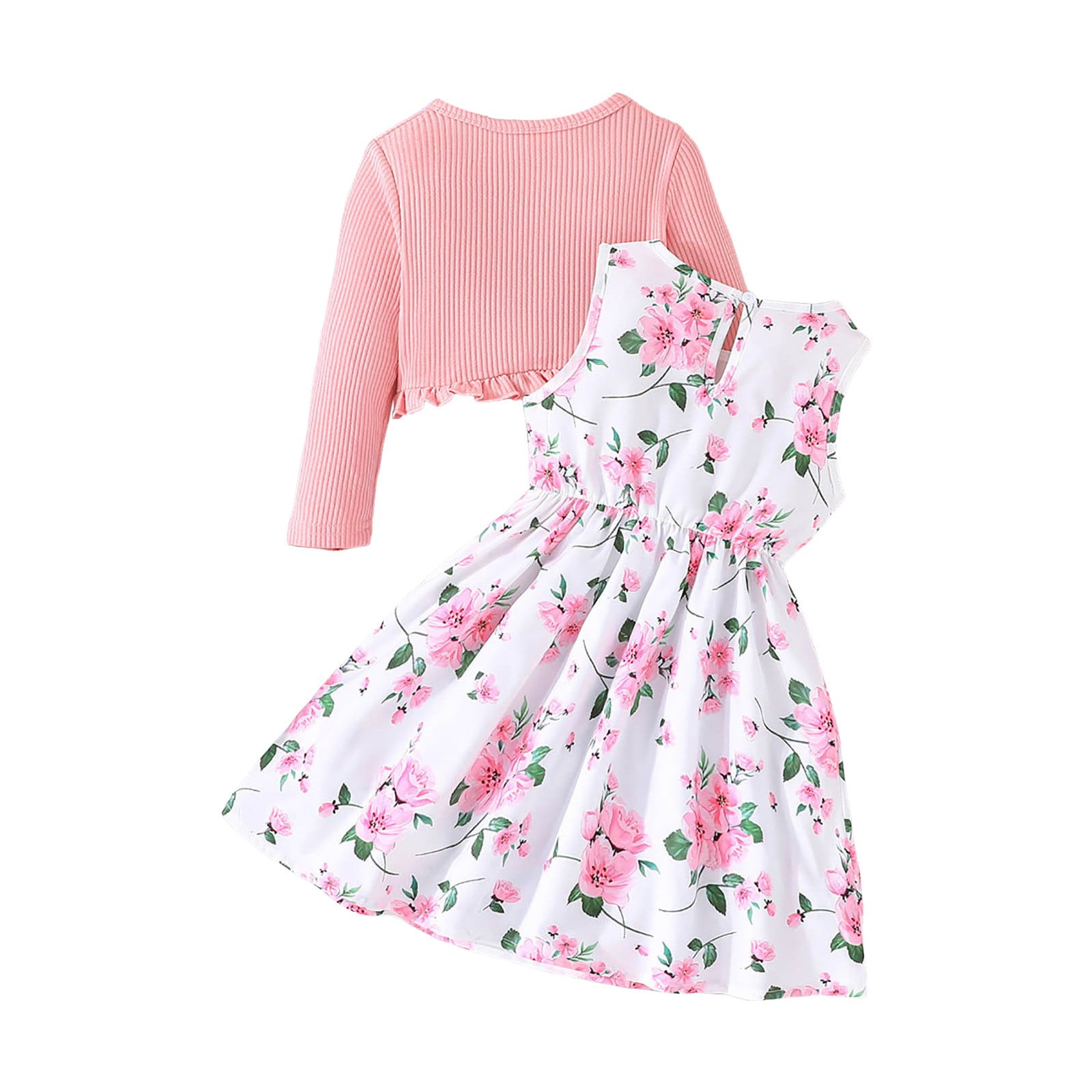 2DXuixsh Girls Fashion Clothes Floral Dresses Ruffle Sweaters Top Outfit Set 2Pcs Little Toddler Girls Dress with Cardigan Spring Fall Girls Clothes for 2-8 Years Pink 6-7 Years