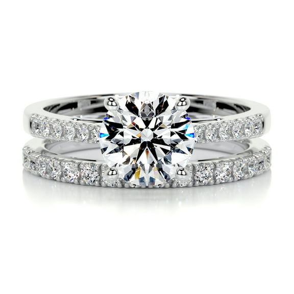 First Jewel Anniversary Gift - Silver 14K White Gold Over Ring - Round Cut Brilliant 1.9 Ct Diamond Ring - Solitaire with Accent Diamond Ring for Her - Full Eternity Band Diamond Ring for Her