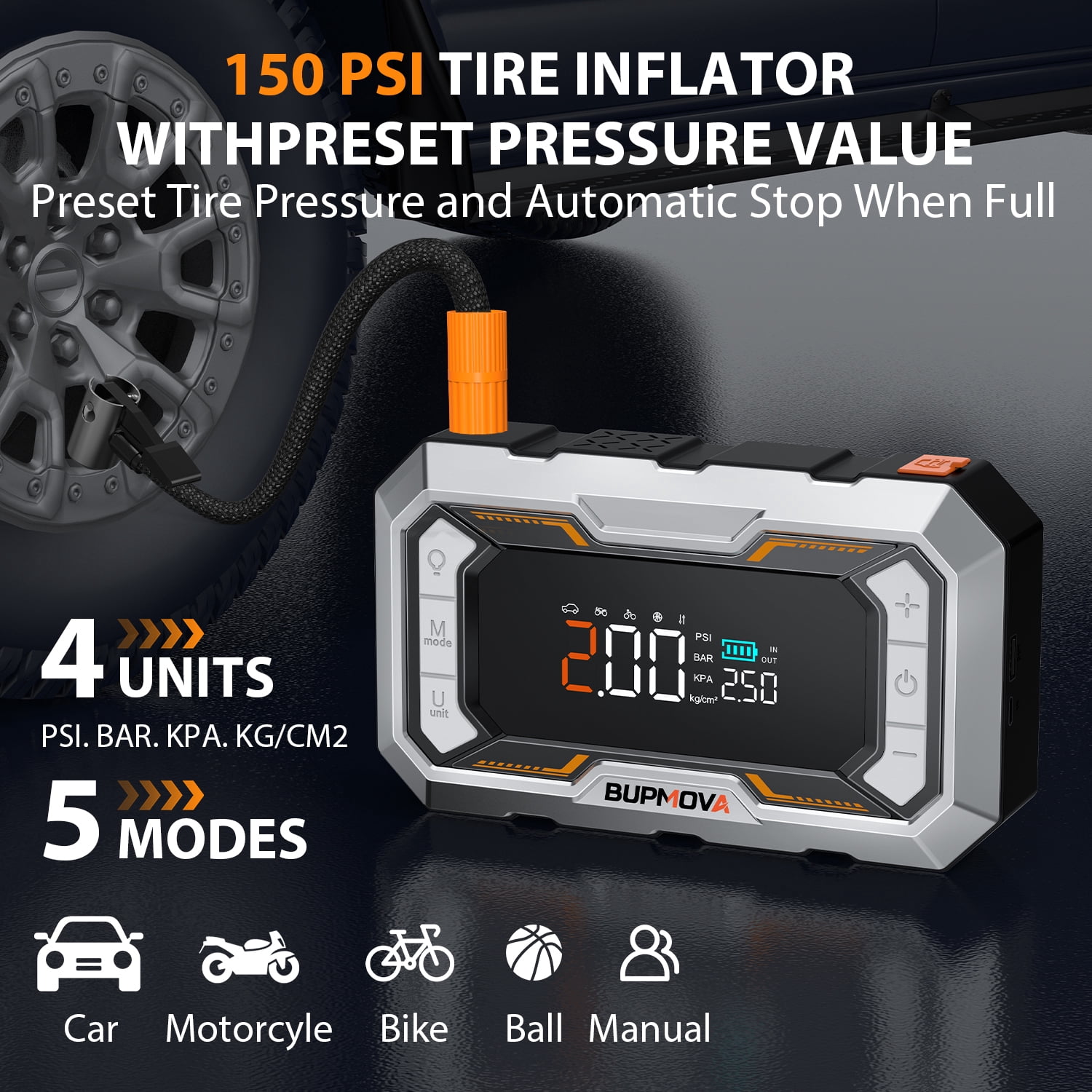 BUPMOVA 12-in-1 Jump Starter with Air Compressor, 15000A, 150 PSI, Portable Car Battery Jump Box, Jump pack Power Bank (All Gas/10.0 L Diesel) with Jumper Cables, LED Light & LCD Display, Force Start