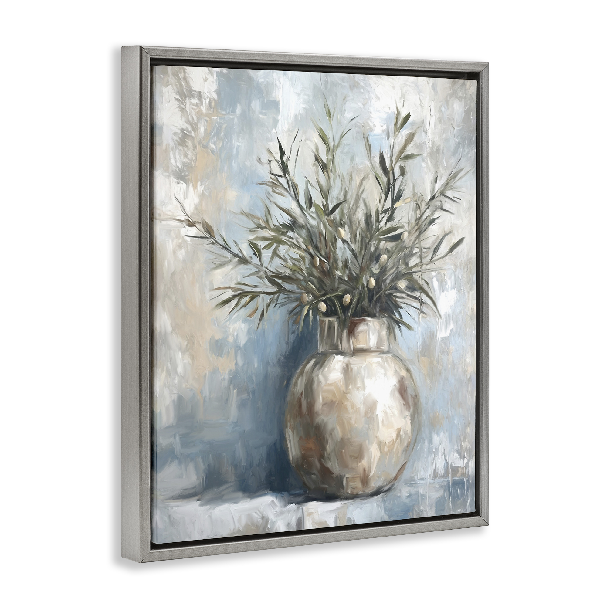 Stupell Industries Potted Olive Branches Botanical & Floral Painting Gray Floater Framed Canvas Art Print Wall Art, 25 x 31