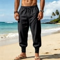 thumbnail image 5 of Men's Loose Linen Drawstring Belted Pants Trousers Joggers Relaxed Fit Elastic Waist Straight Leg Button Closure Lightweight Breathable Quick Dry Casual Daily Gym Workout Running, 5 of 9