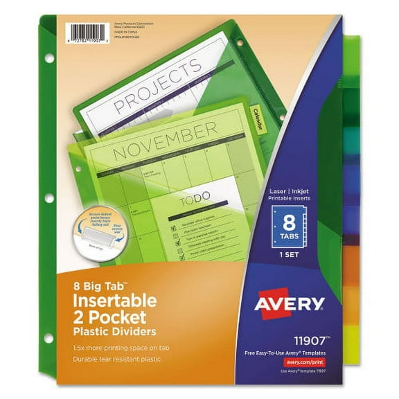 Avery Insertable Big Tab Plastic 2-Pocket Dividers, 8-Tab, 11.13 x 9.25, Assorted, 1 Set, Each