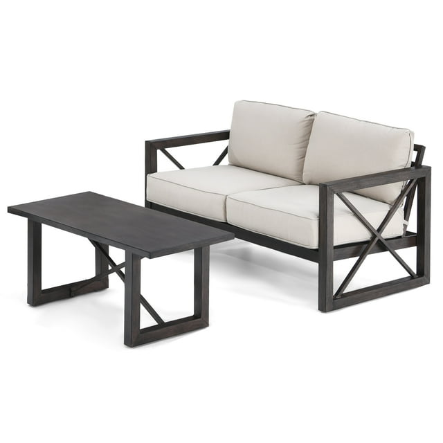 Costway 2PCS Patio Loveseat Coffee Table Set 6" Thick Cushion Garden Beige