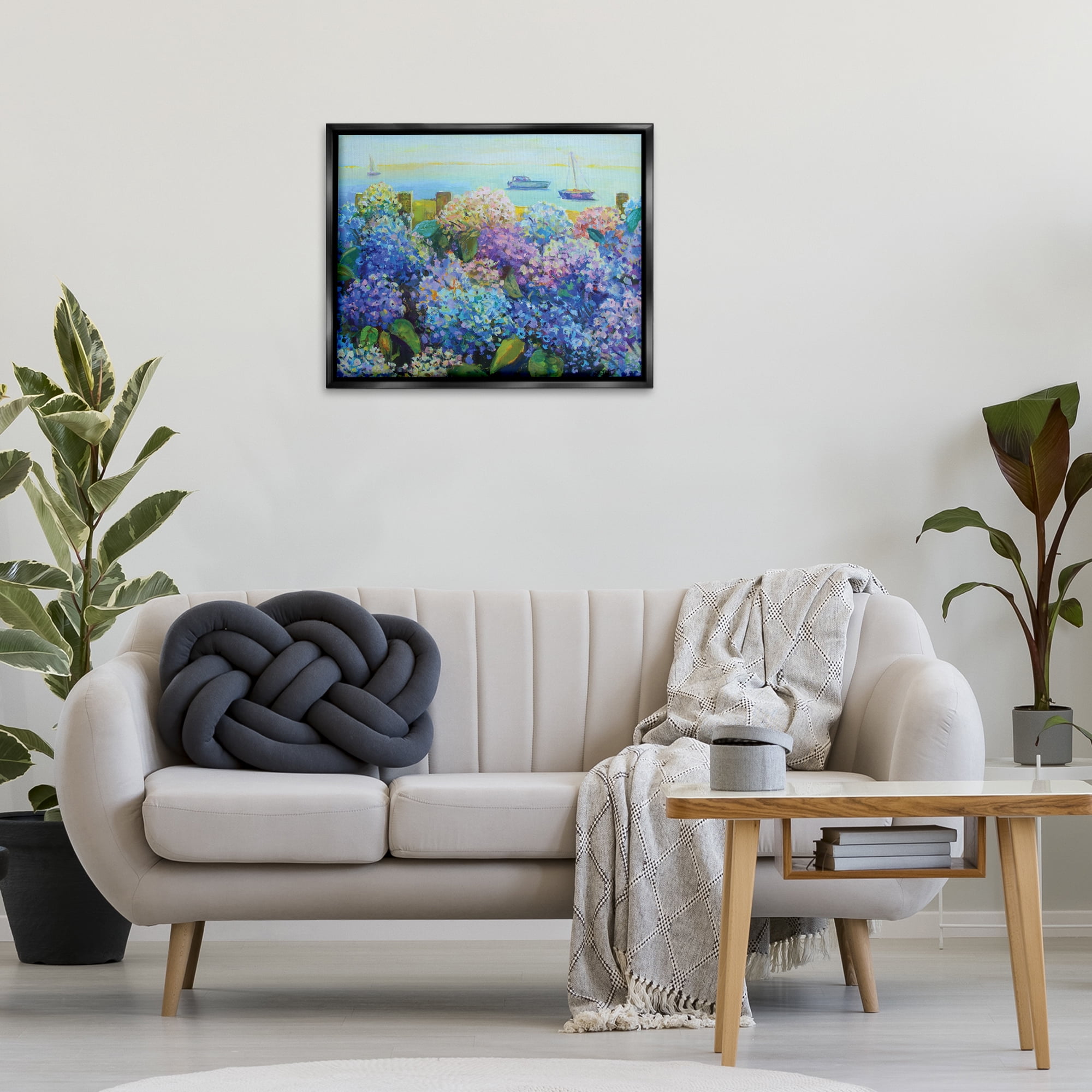 Stupell Industries Hydrangea By The Sea Landscape Painting Black Floater Framed Art Print Wall Art, 31 x 25