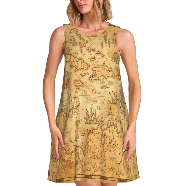 Balery Old Vintage Map Of Sea Vestidos de verano para mujer con estampado: vestido holgado sin mangas, vestido playero informal y cómodo para días calurosos.