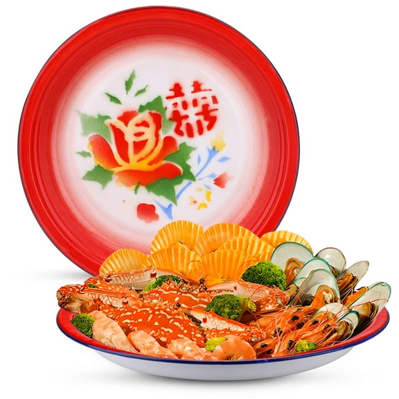 2 Pcs Enamel 11.7 In Serving Platters and Trays, Large Serving Dishes for Entertaining Chinese Vintage Style, Round Turkey Platters for Food Party Thanksgiving Snack Dessert Meat