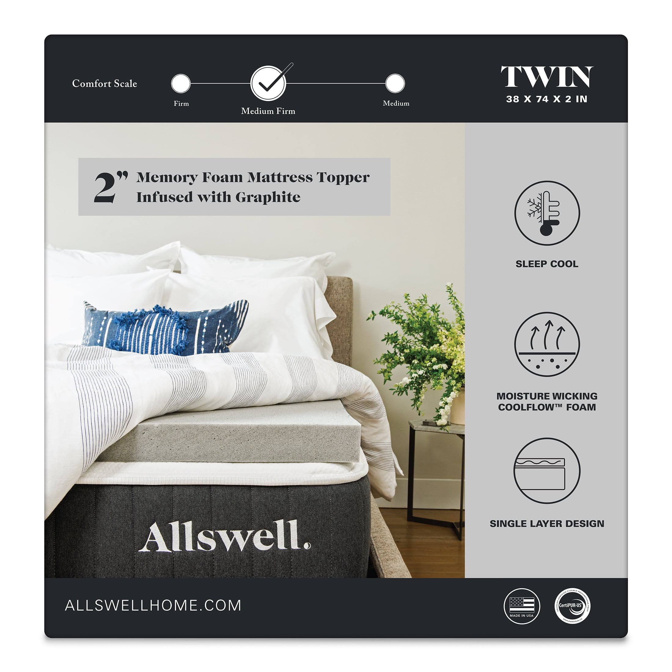 Allswell 2" Artic Gel with Graphite Memory Foam Mattress Topper, Twin