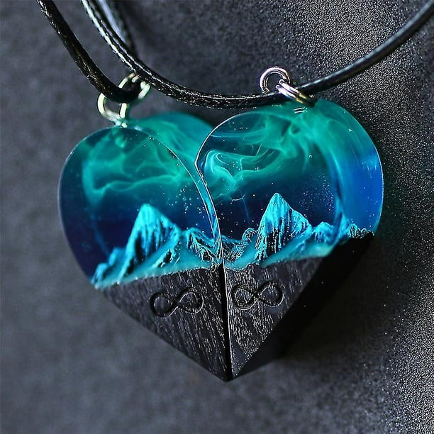 Wood Resin Pairing Heart Pendant Mountain Necklace Couple Birthday