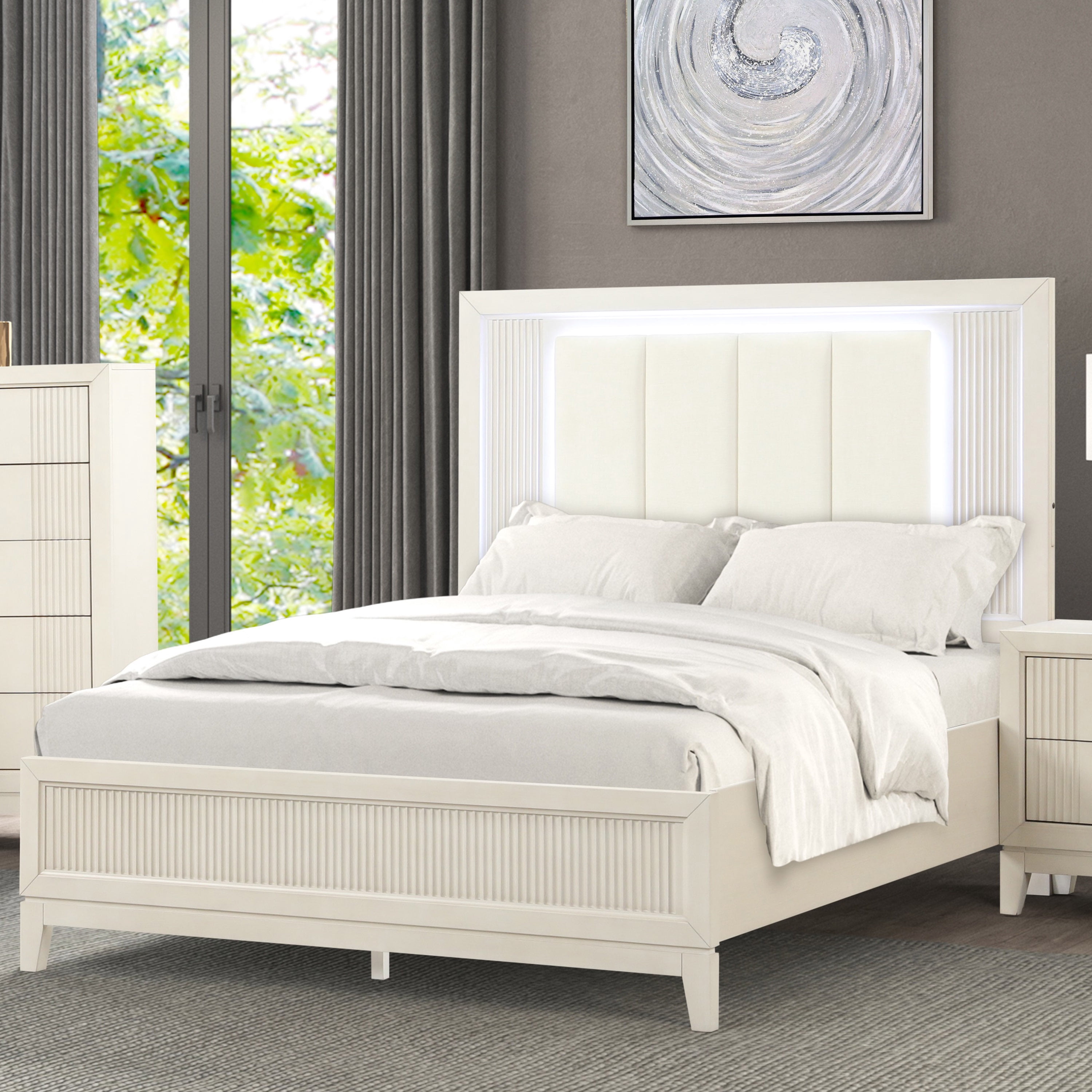 Furniture of America Fenton Solid Wood Queen Panel Bed with LED Light, Antique White