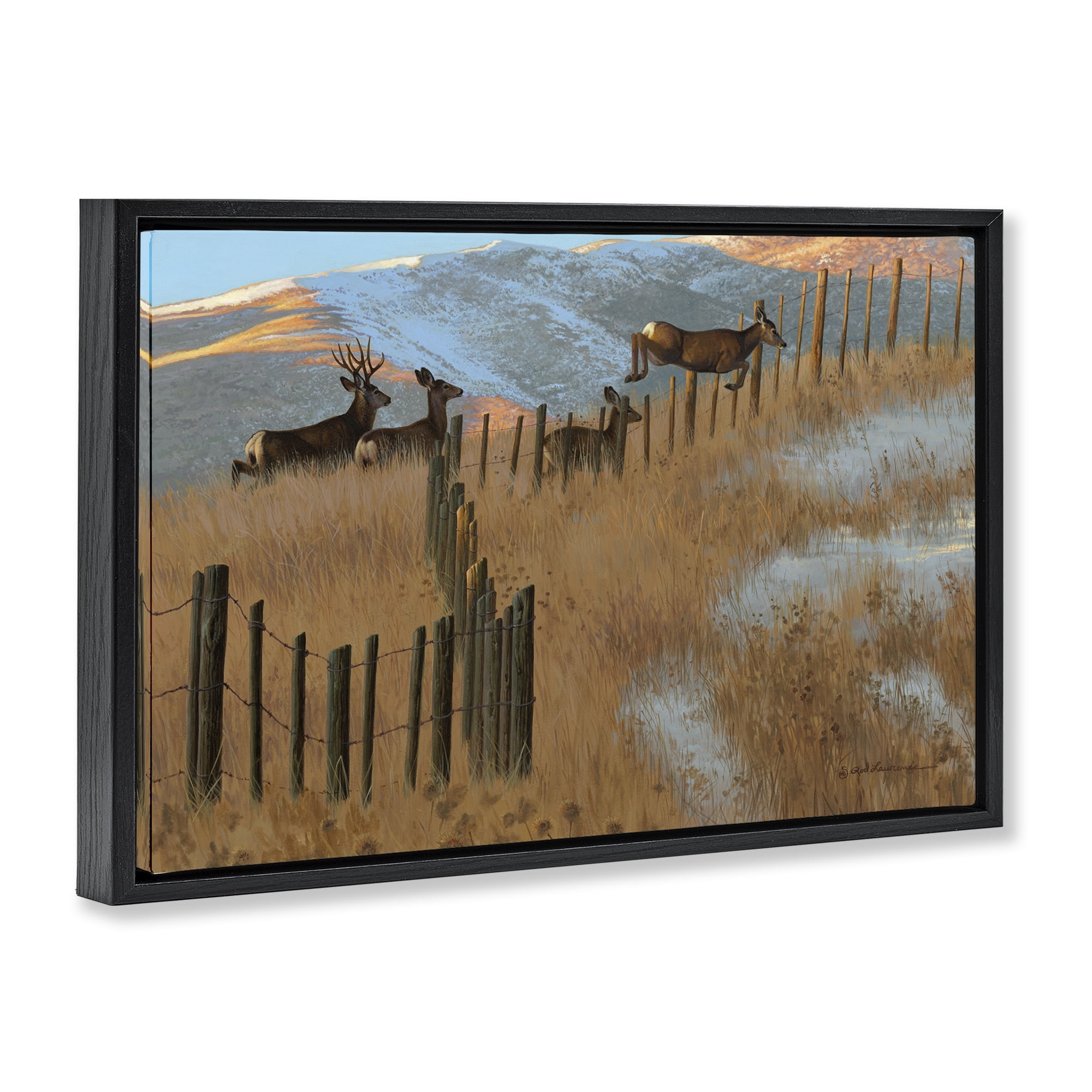Stupell Industries Deer Jumping Country Fence Landscape & Nature Painting Black Floater Framed Canvas Art Print Wall Art, 31 x 21