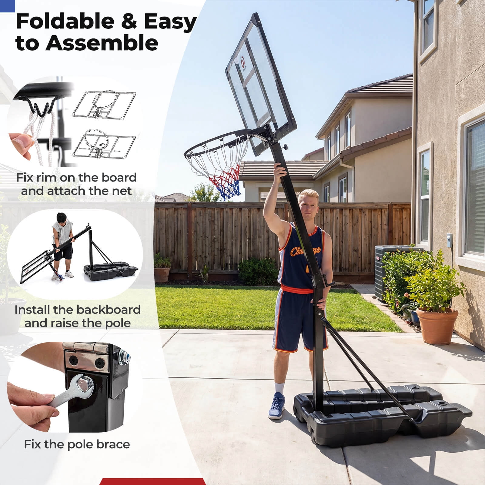Costway 10 FT Foldable Basketball Hoop with Fillable Base, Wheels & Shatterproof Backboard