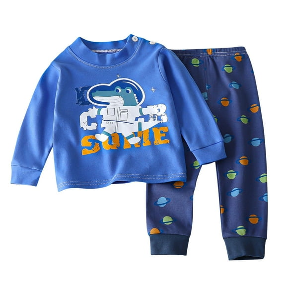 Odeerbi Infant Boys Girls Pajama Sets Soft Cotton Long Johns Cartoon Printed Base Layer Set Fashion Thermal Underwear Set Collar Long Sleeve Tops Printed Long Pants Outfit Sets Blue